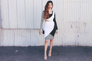 ALAINA MONOCHROME STRIPE CROP TOP & HIGH WAIST MIDI SKIRT