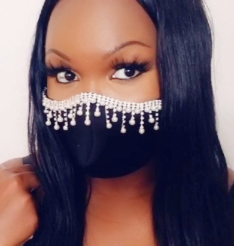 BLACK JEWELED PEARL FACE MASK