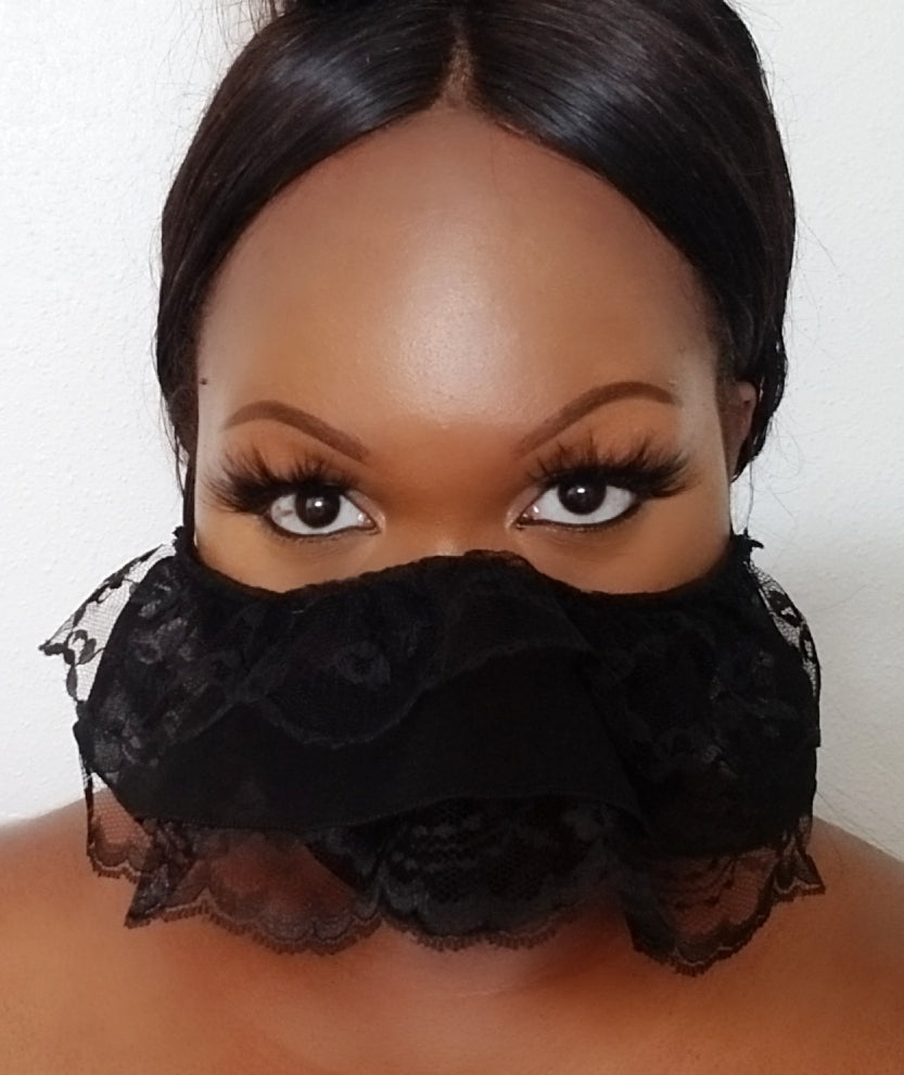 BLACK RUFFLE LACE FACE MASK